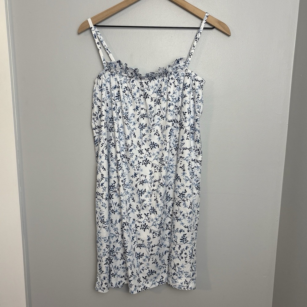 LAKE Pima Ruffle Nightgown Women's Small White Blue Floral Cotton Jersey Knit